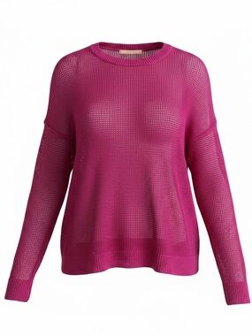 Eileen Fisher Hot Pink Open Weave Organic Linen Crewneck Split Hem Sweater Sz L